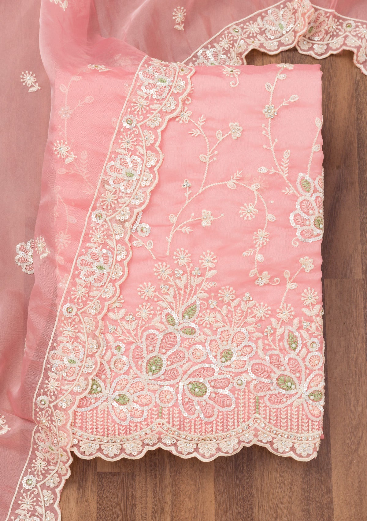 Pink Sequins Organza Unstitched Salwar Suit-Koskii