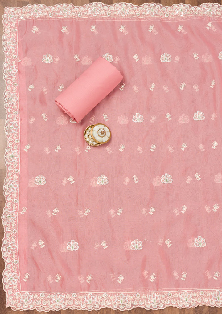 Pink Sequins Organza Unstitched Salwar Suit-Koskii