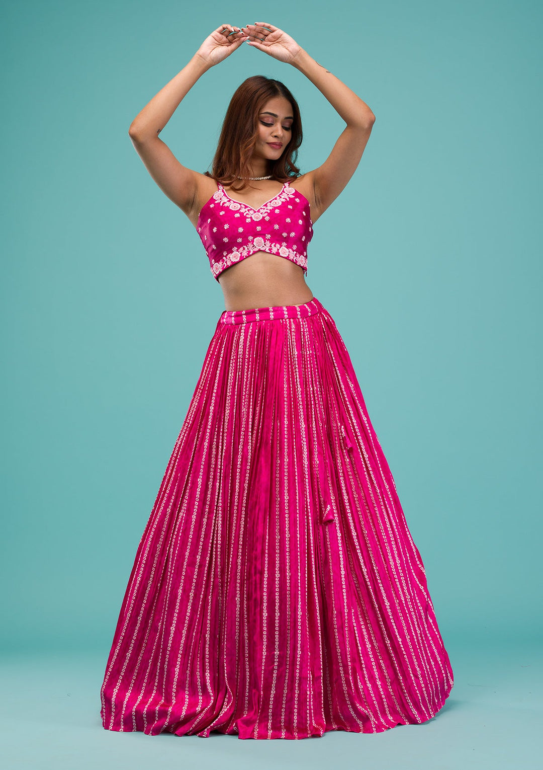 Pink Sequins Satin Readymade Lehenga-Koskii