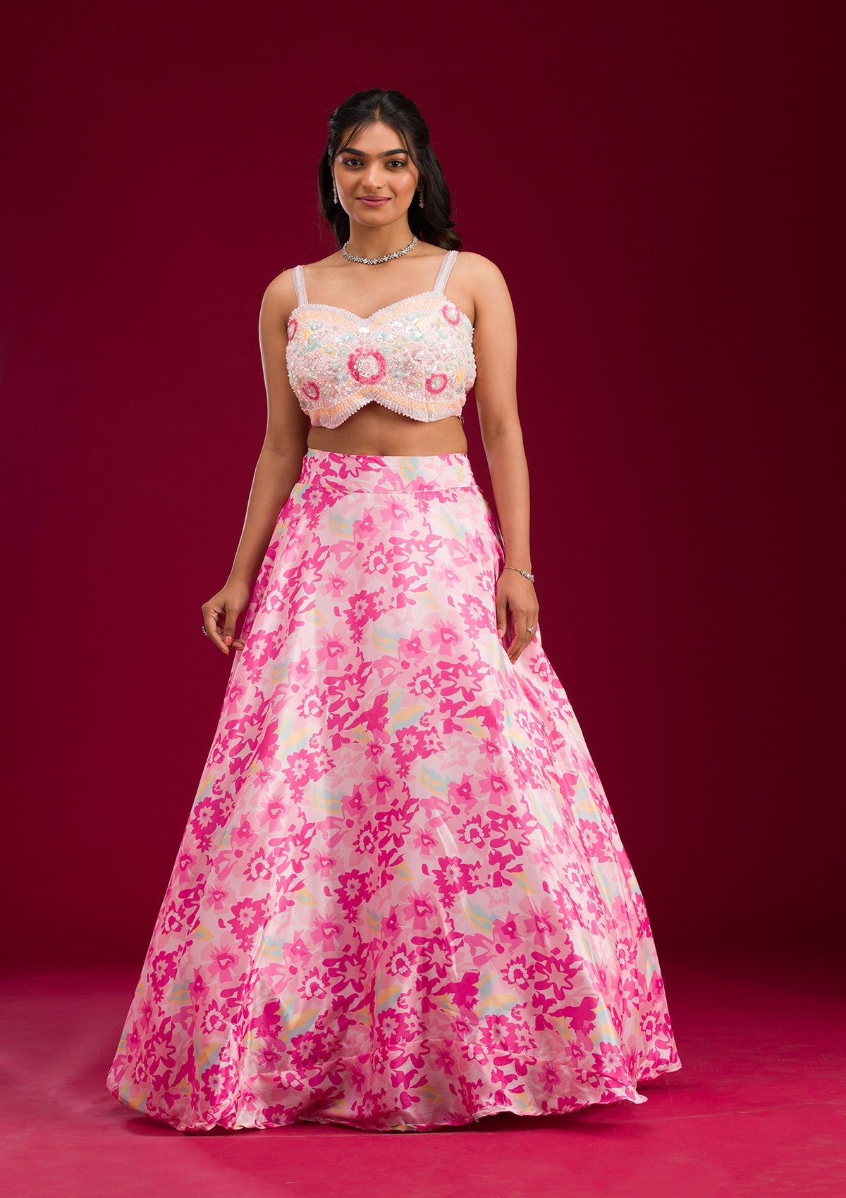 Pink Sequins Semi Crepe Readymade Lehenga