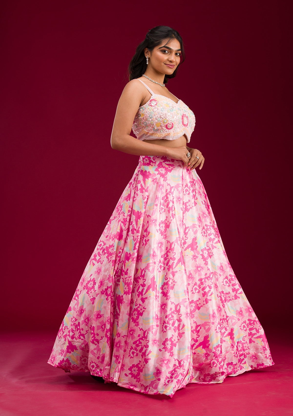 Pink Sequins Semi Crepe Readymade Lehenga