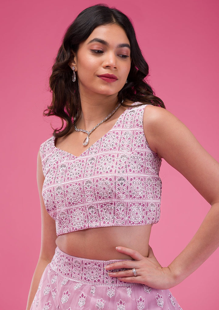 Pink Print Net Readymade Lehenga-Koskii