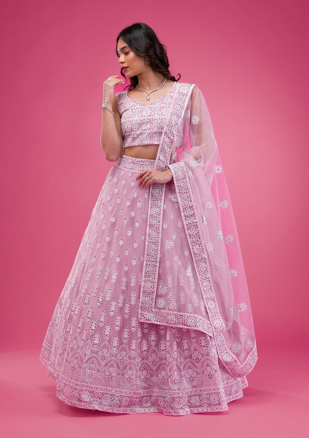 Pink Print Net Readymade Lehenga-Koskii