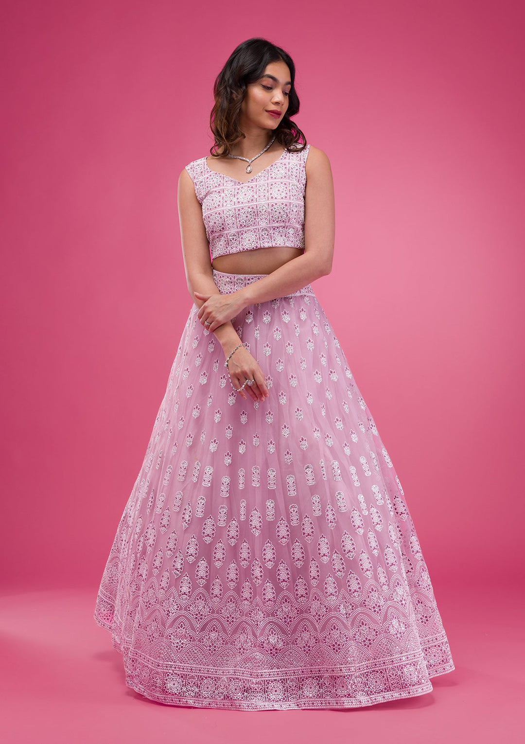 Pink Print Net Readymade Lehenga-Koskii