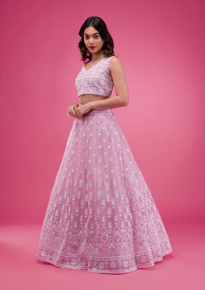 Pink Print Net Readymade Lehenga-Koskii