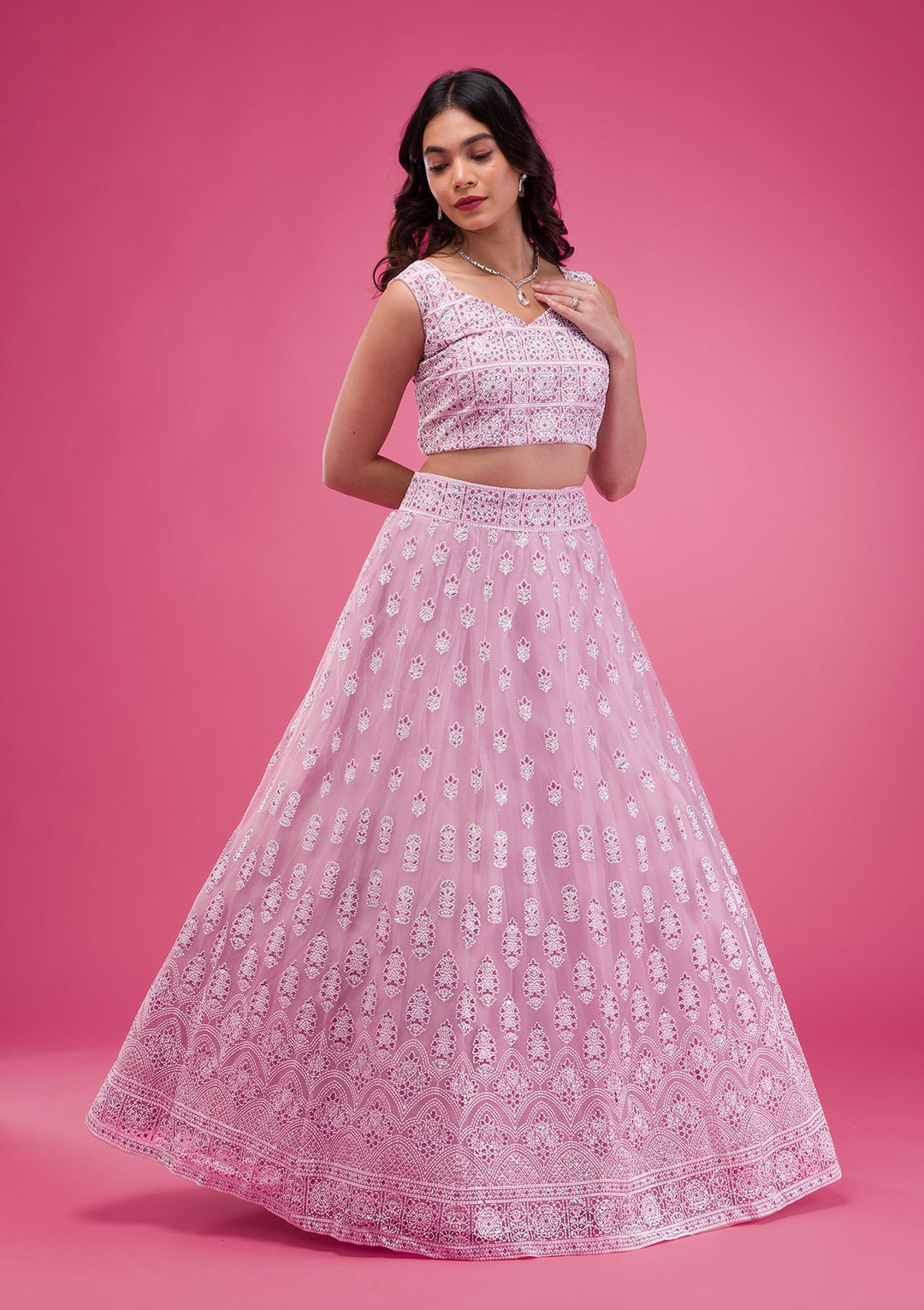 Pink Print Net Readymade Lehenga-Koskii