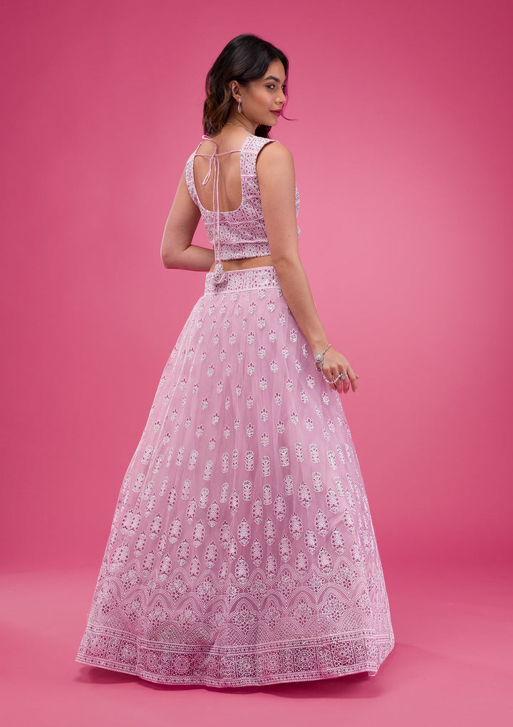 Pink Print Net Readymade Lehenga-Koskii