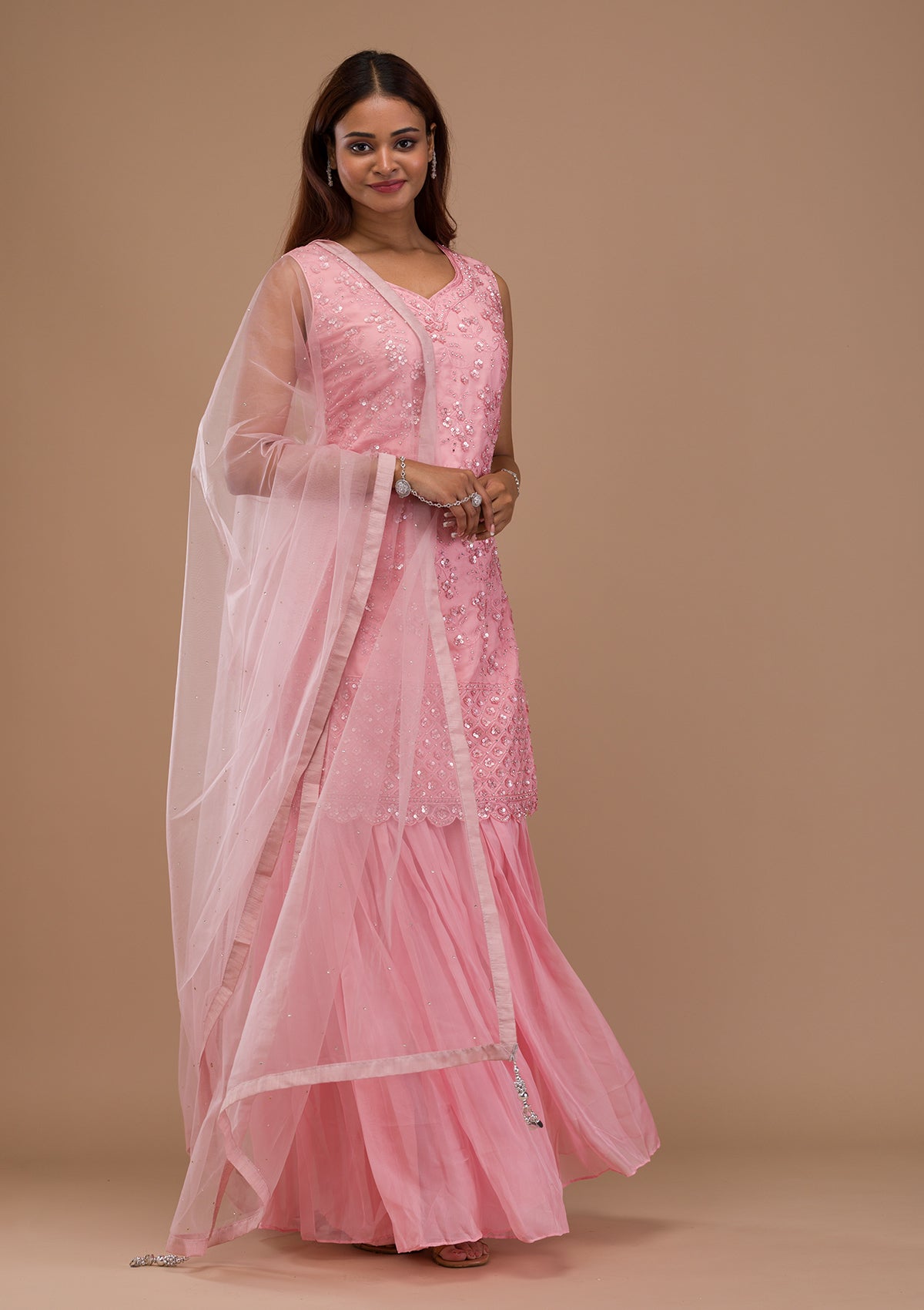 Pink Sequins Tissue Readymade Salwar Suit-Koskii