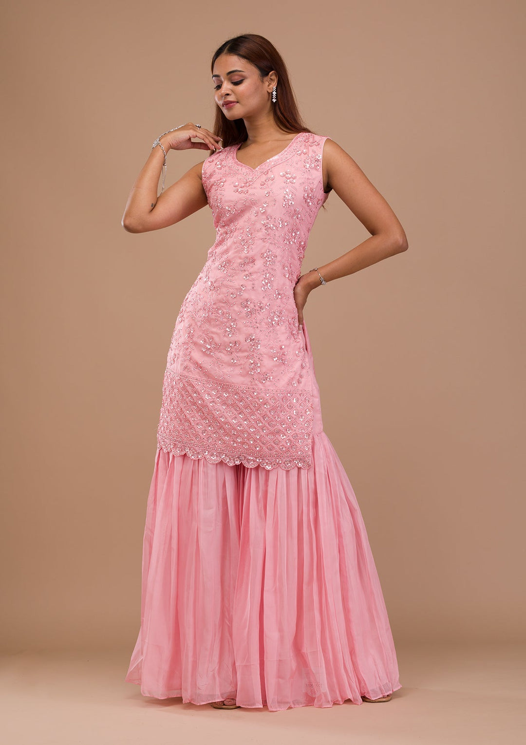 Pink Sequins Tissue Readymade Salwar Suit-Koskii