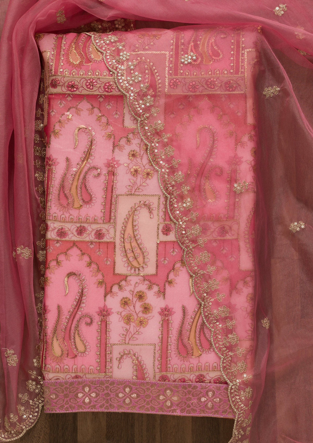 Pink Sequins Tissue Unstitched Salwar Suit-Koskii