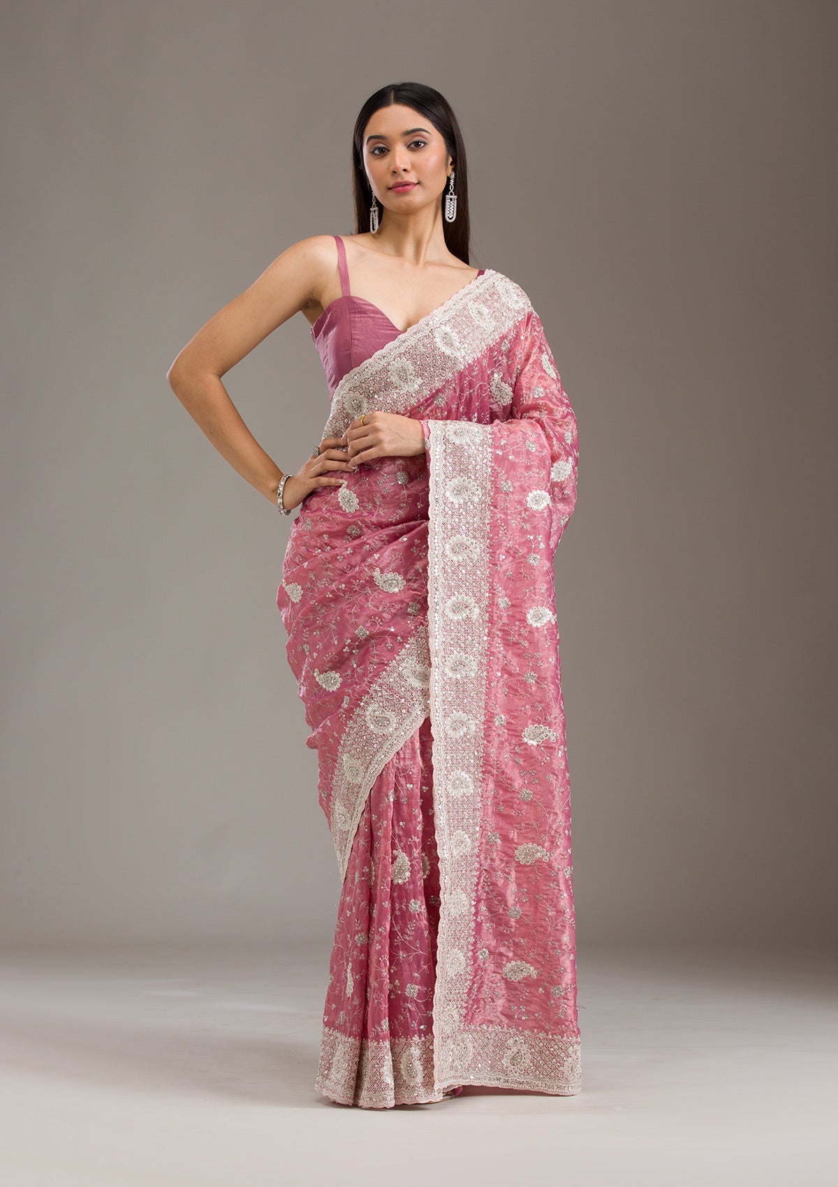 Pink Sequins Tissue Saree-Koskii