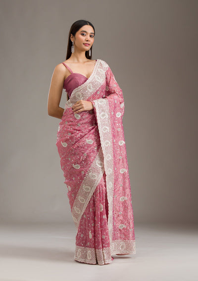 Pink Sequins Tissue Saree-Koskii