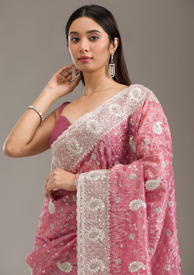 Pink Sequins Tissue Saree-Koskii