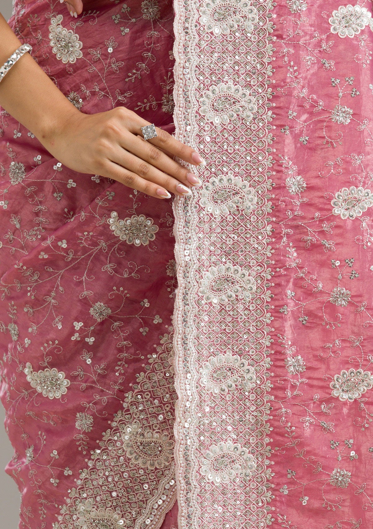 Pink Sequins Tissue Saree-Koskii