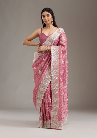 Pink Sequins Tissue Saree-Koskii