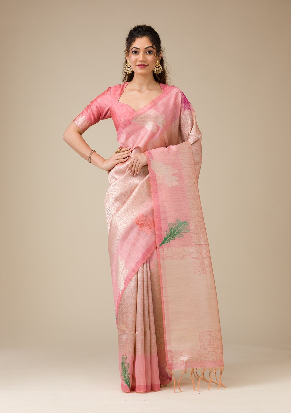 Pink Silver Zariwork Art Silk Saree