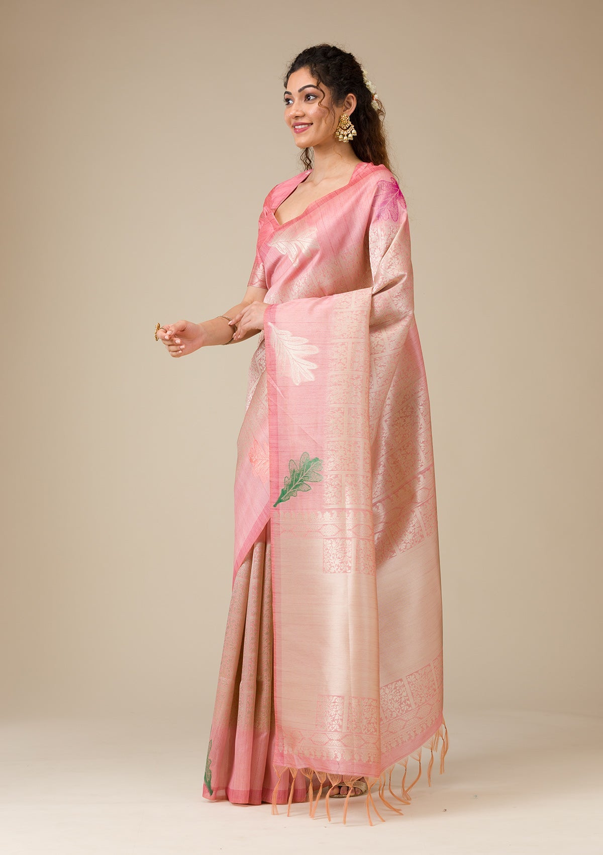 Pink Silver Zariwork Art Silk Saree