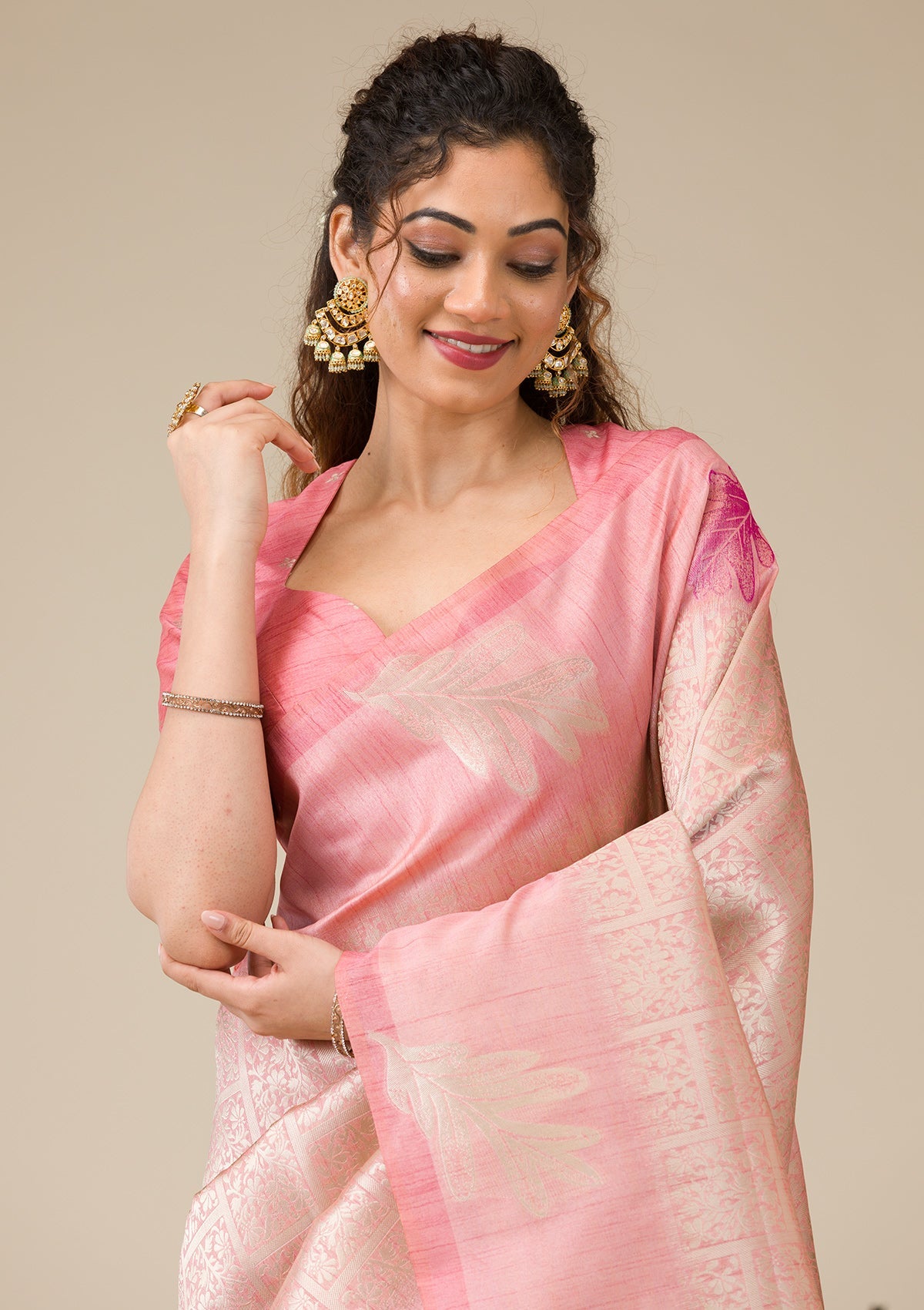 Pink Silver Zariwork Art Silk Saree