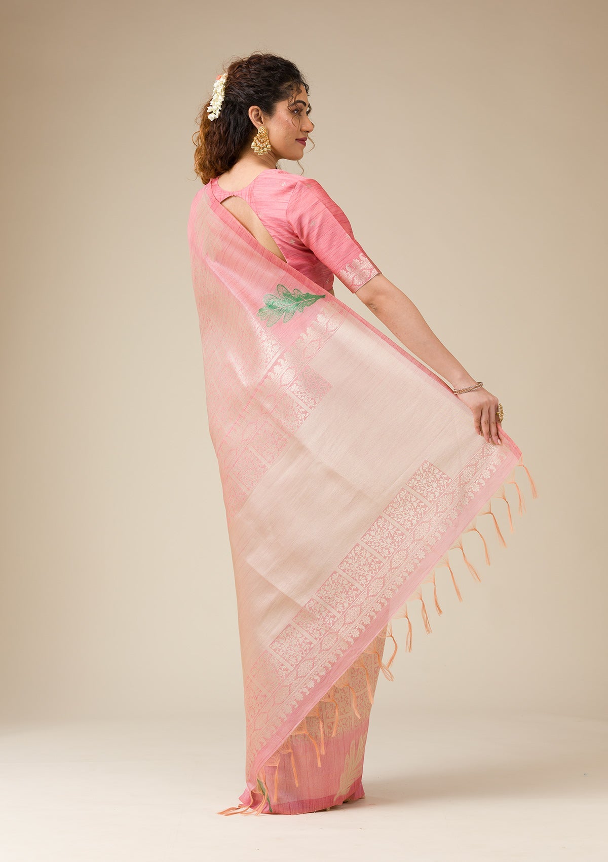 Pink Silver Zariwork Art Silk Saree