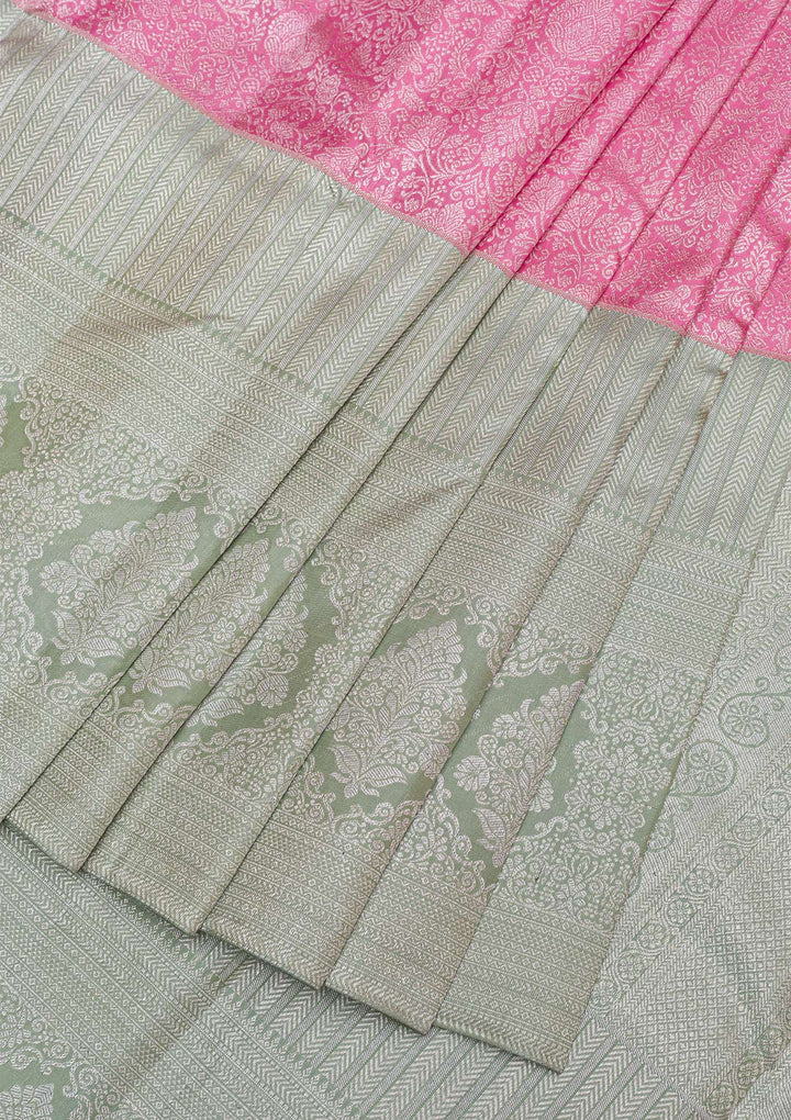Pink Silver Zariwork Pure Silk Saree-Koskii