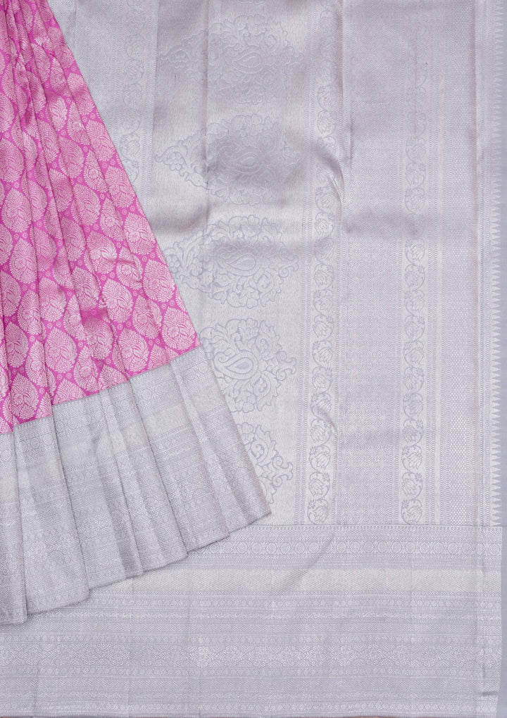 Pink Silver Zariwork Pure Silk Saree-Koskii