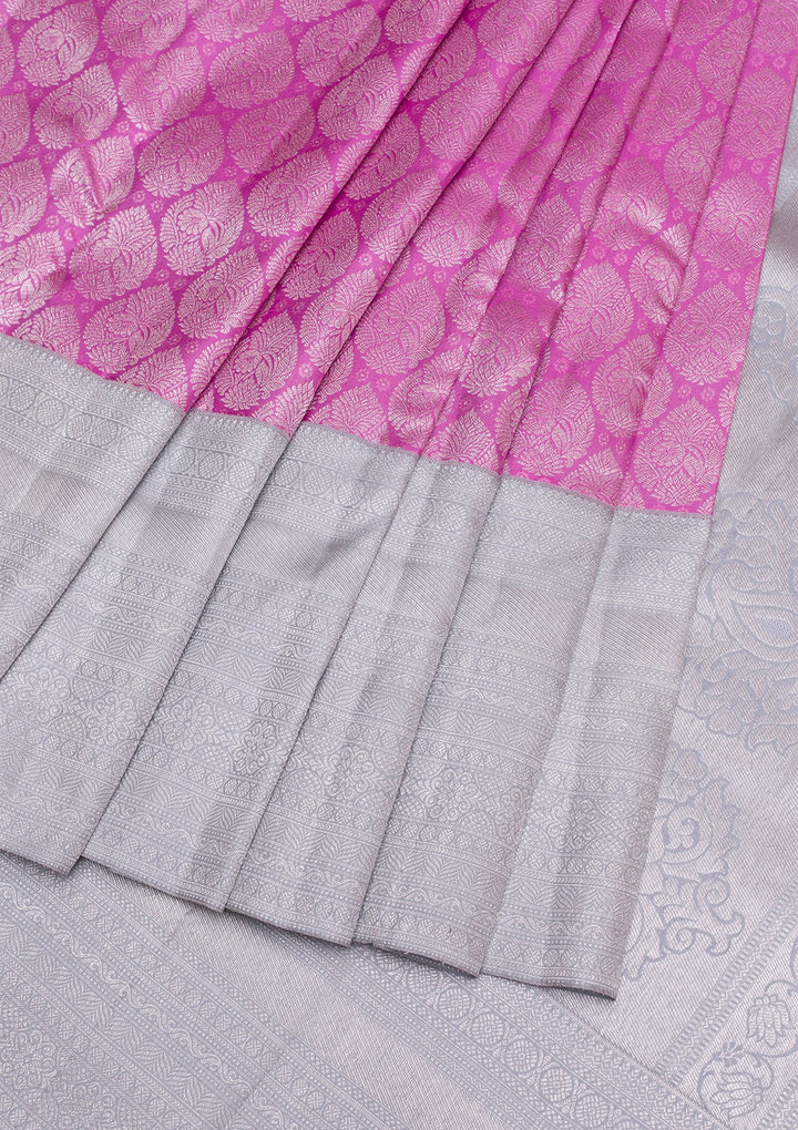 Pink Silver Zariwork Pure Silk Saree-Koskii