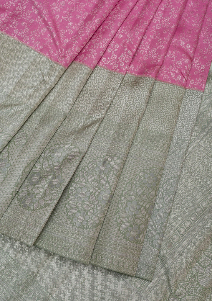 Pink Silver Zariwork Pure Silk Saree-Koskii