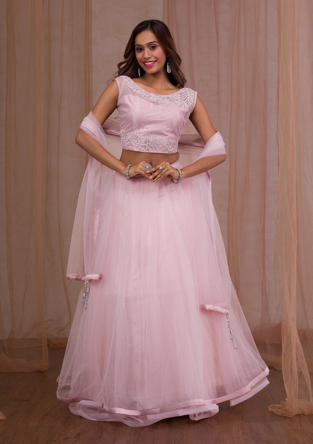 Pink Stonework Net Readymade Lehenga-Koskii
