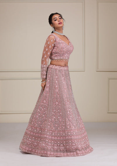 Pink Stonework Net Readymade Lehenga-Koskii