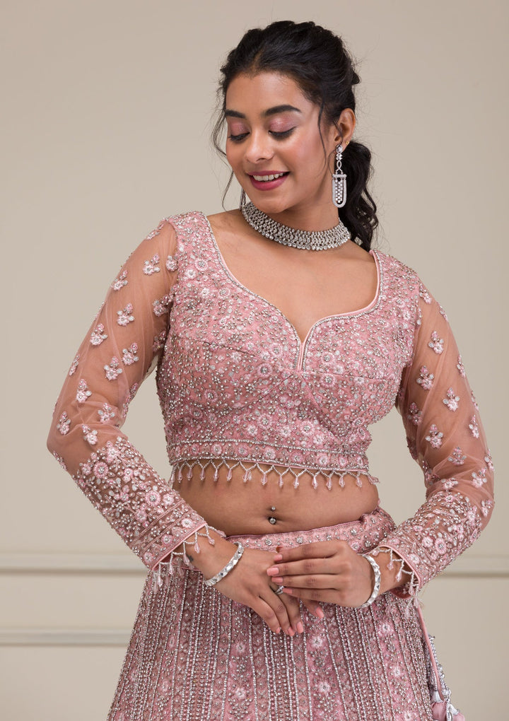 Pink Stonework Net Readymade Lehenga-Koskii