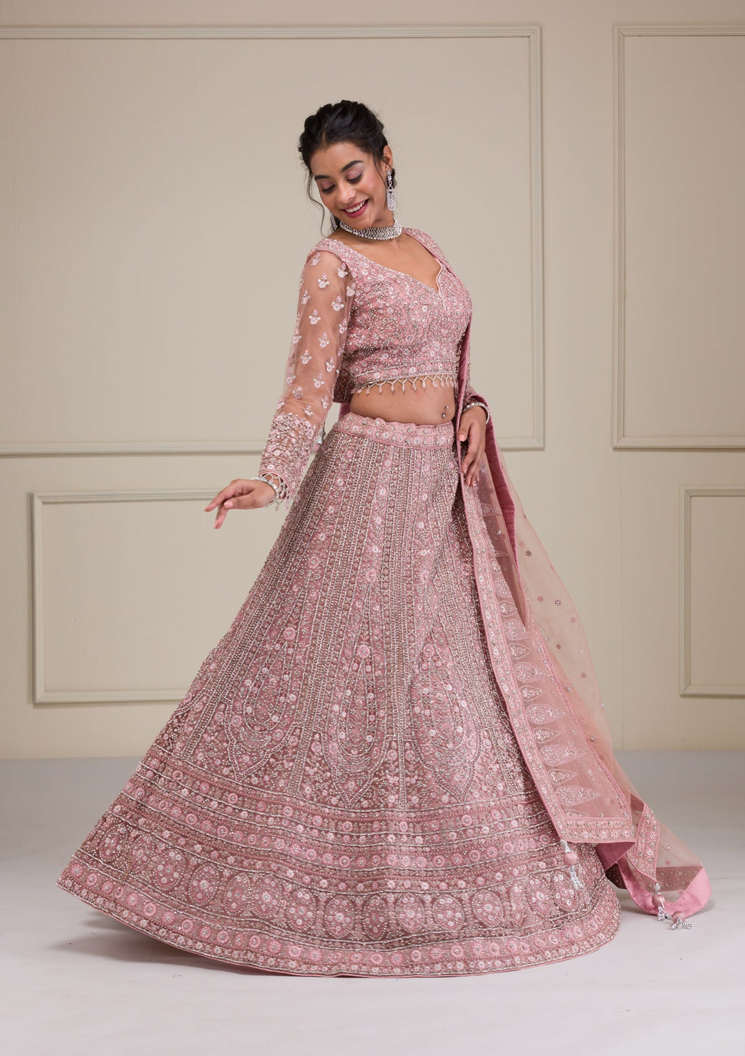 Pink Stonework Net Readymade Lehenga-Koskii