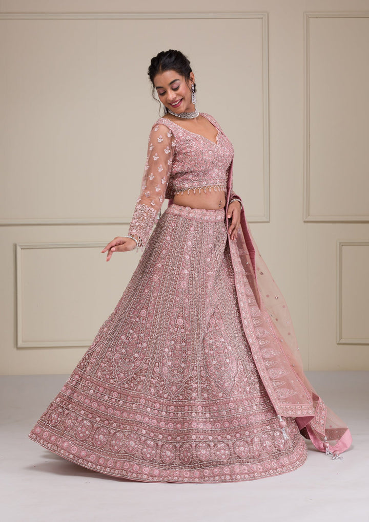 Pink Stonework Net Readymade Lehenga-Koskii