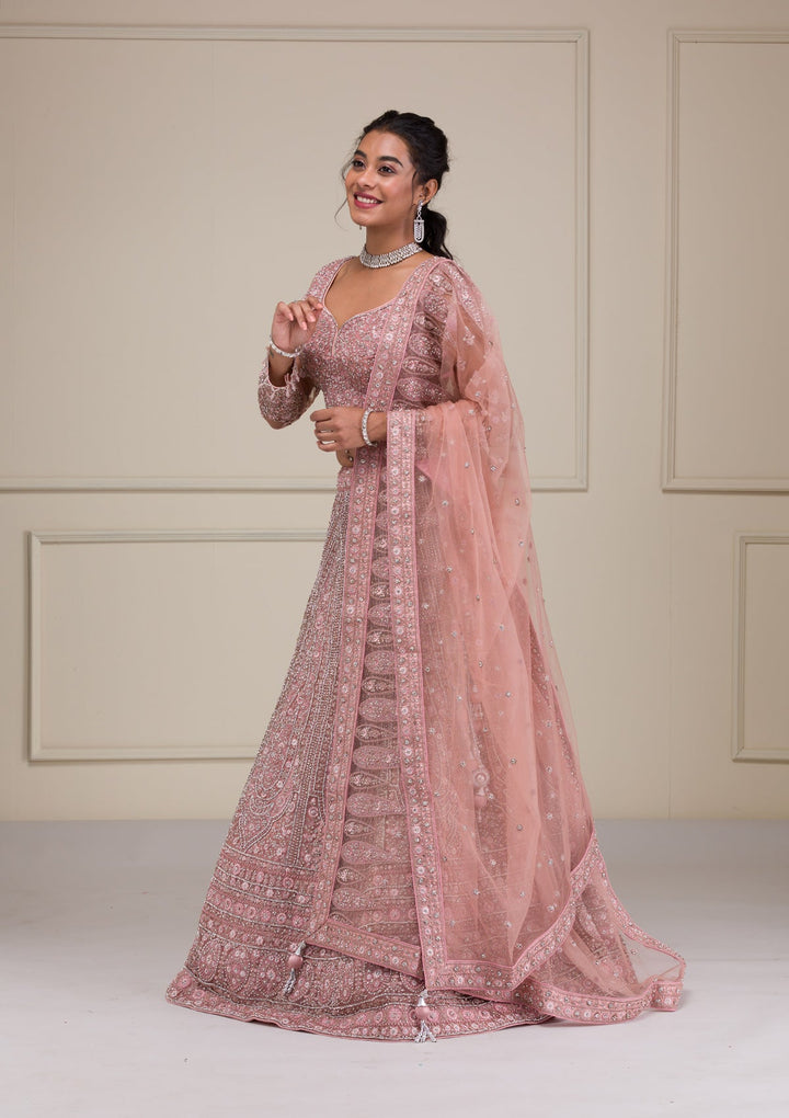 Pink Stonework Net Readymade Lehenga-Koskii