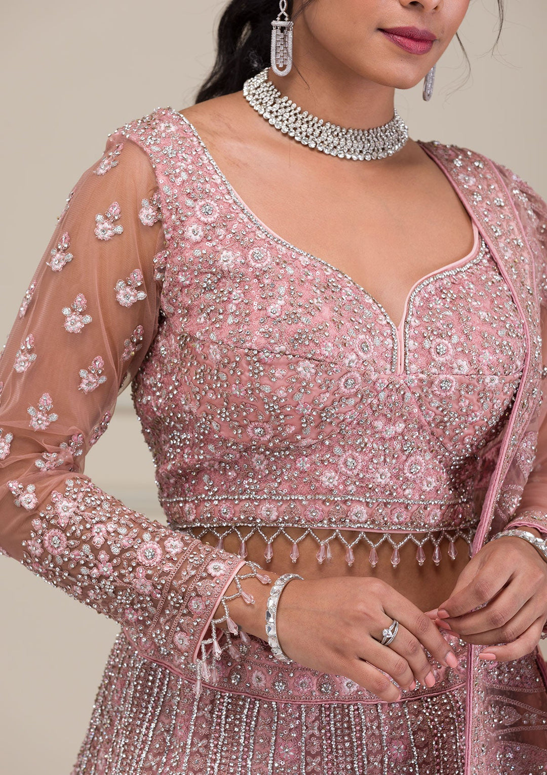 Pink Stonework Net Readymade Lehenga-Koskii