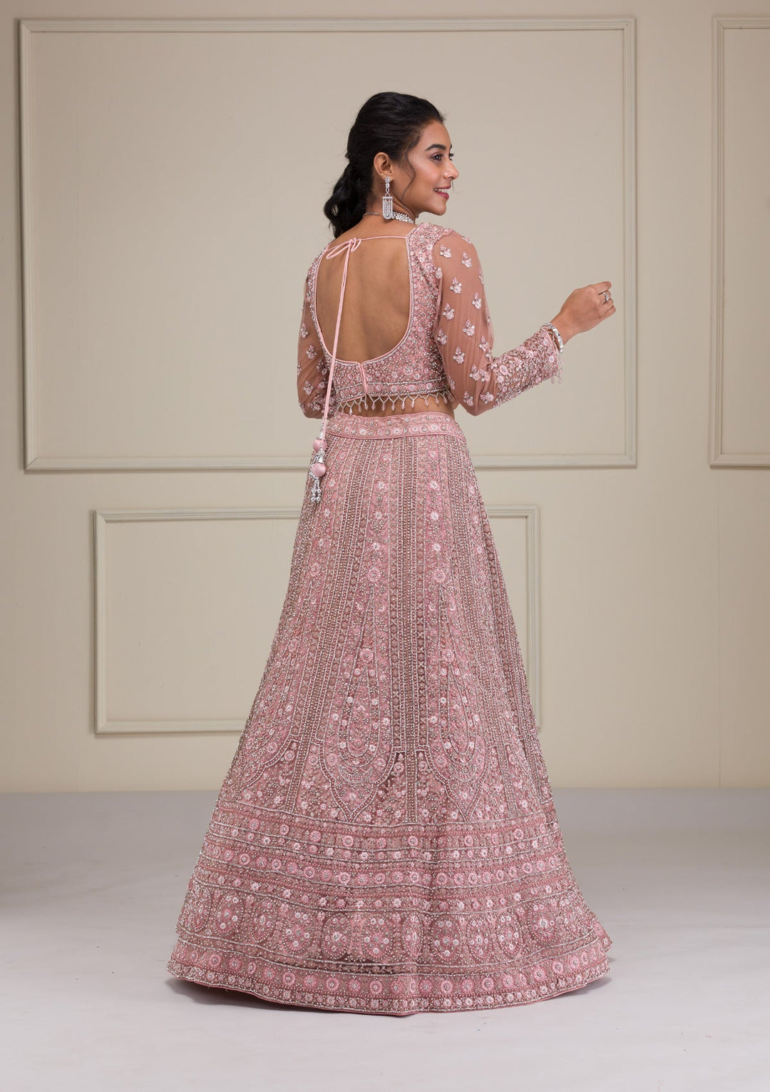 Pink Stonework Net Readymade Lehenga-Koskii