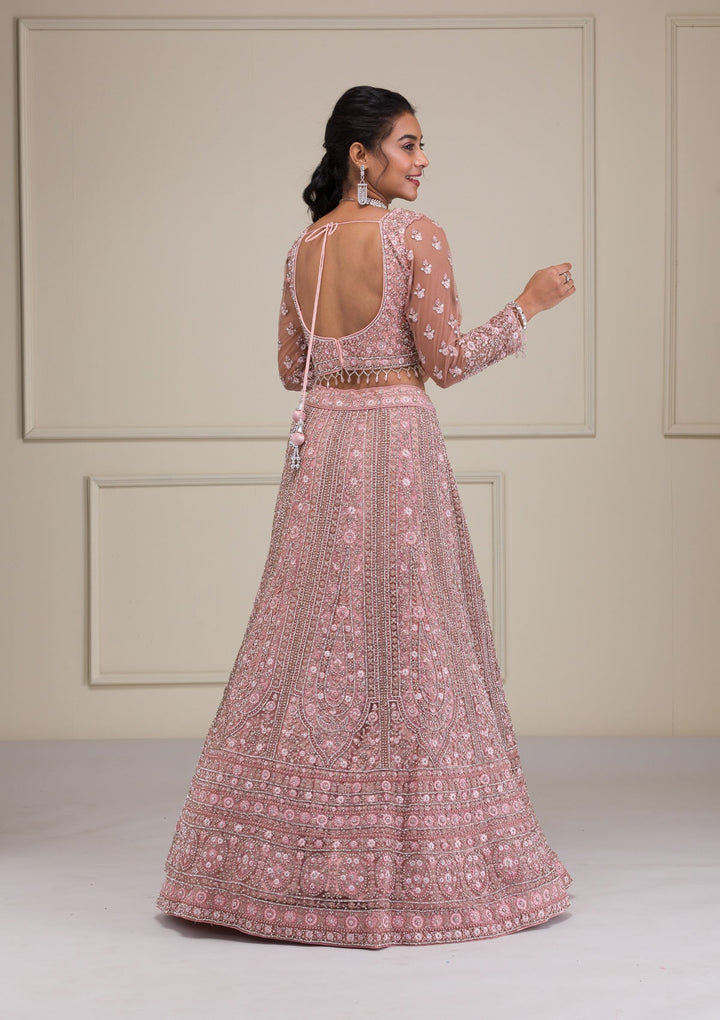 Pink Stonework Net Readymade Lehenga-Koskii