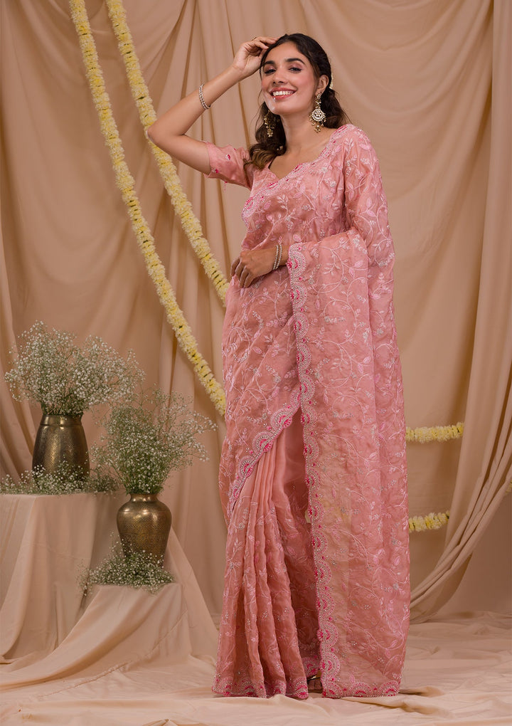 Pink Stonework Net Saree-Koskii