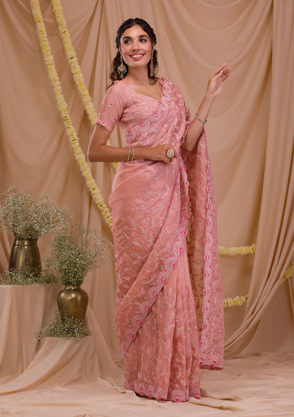 Pink Stonework Net Saree-Koskii