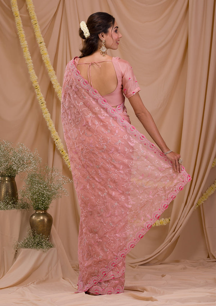 Pink Stonework Net Saree-Koskii