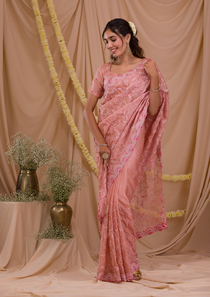 Pink Stonework Net Saree-Koskii