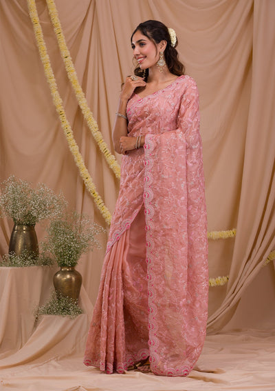 Pink Stonework Net Saree-Koskii