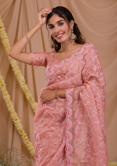 Pink Stonework Net Saree-Koskii