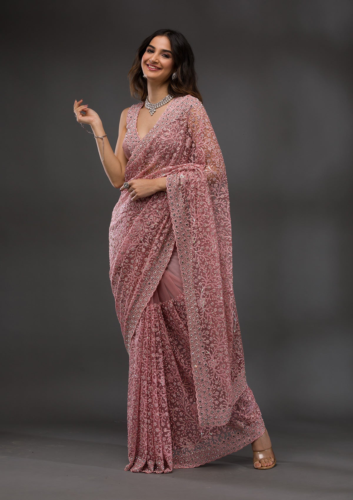 Pink Stonework Net Saree-Koskii
