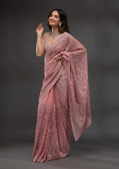 Pink Stonework Net Saree-Koskii