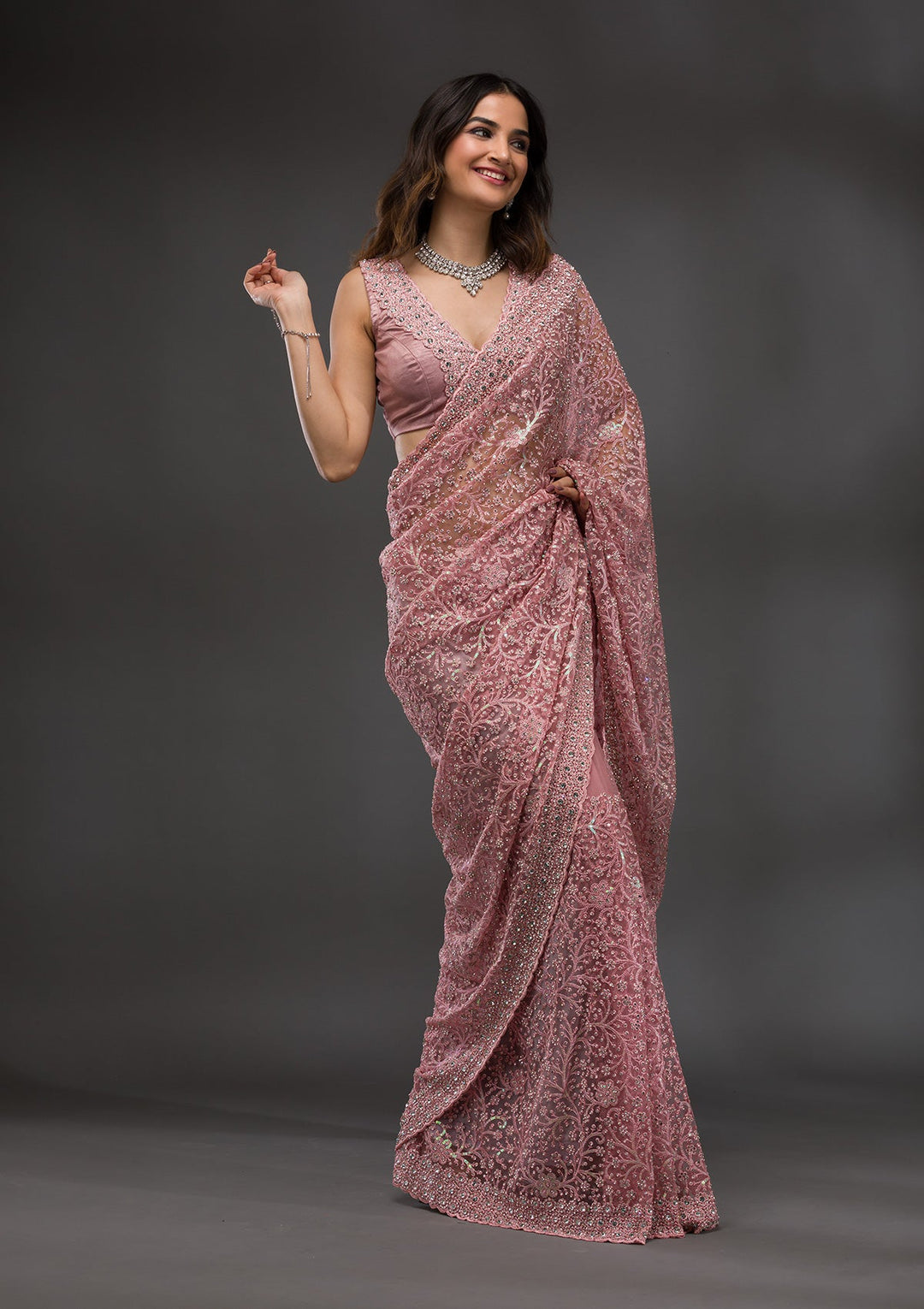 Pink Stonework Net Saree-Koskii