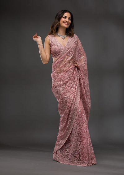 Pink Stonework Net Saree-Koskii
