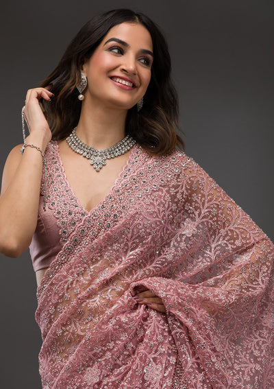 Pink Stonework Net Saree-Koskii