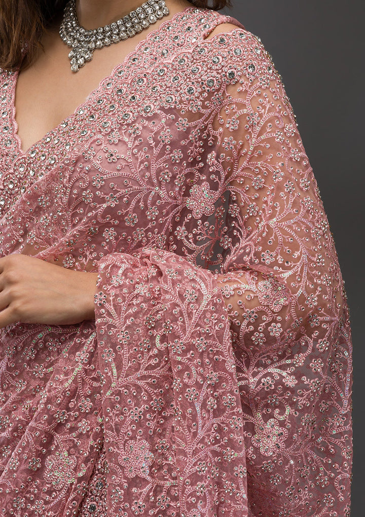Pink Stonework Net Saree-Koskii