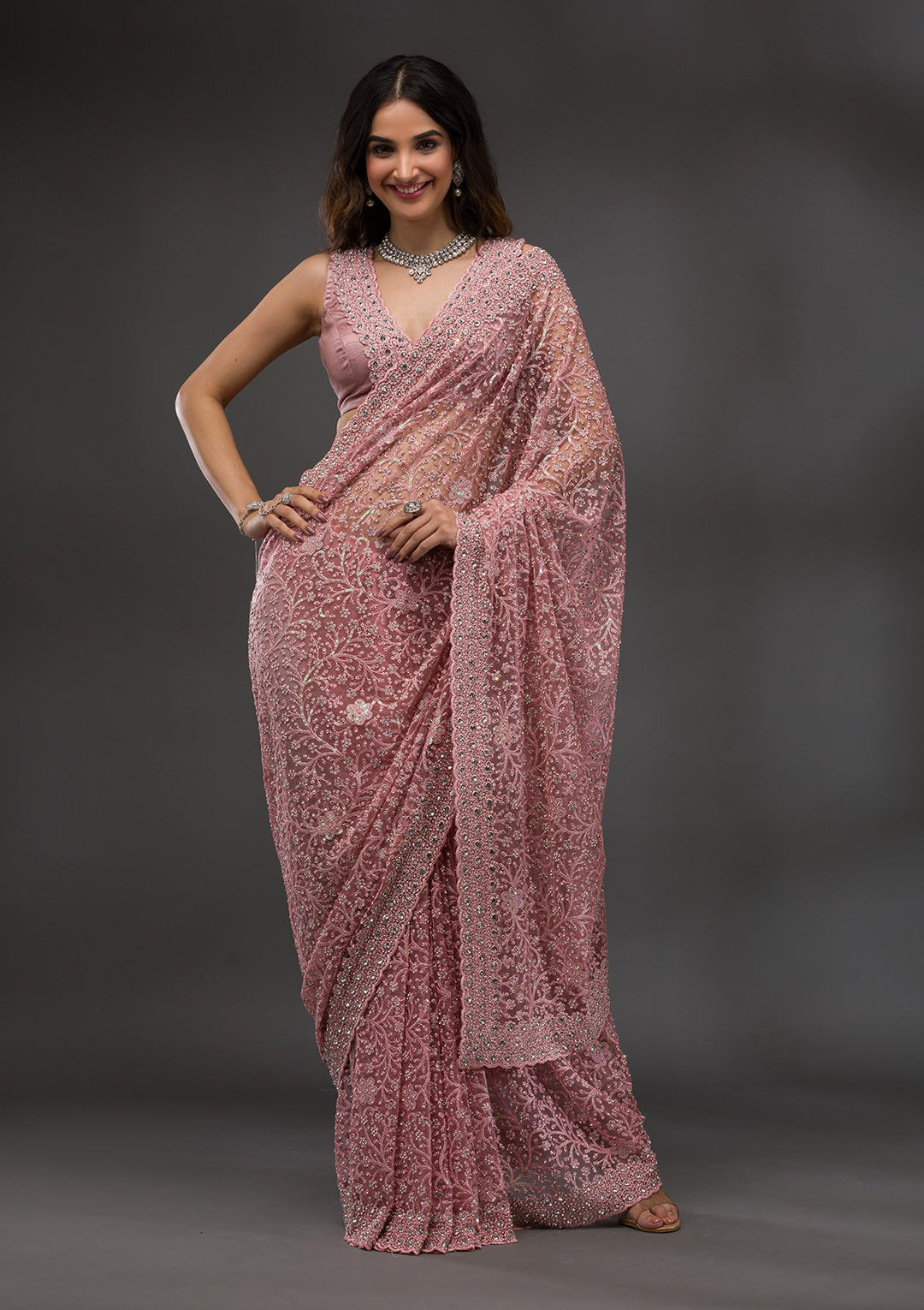 Pink Stonework Net Saree-Koskii