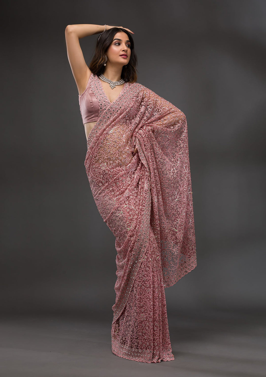 Pink Stonework Net Saree-Koskii